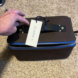 Clare V. Vacances Toiletry Cosmetic case - Brown canvas w/green and blue